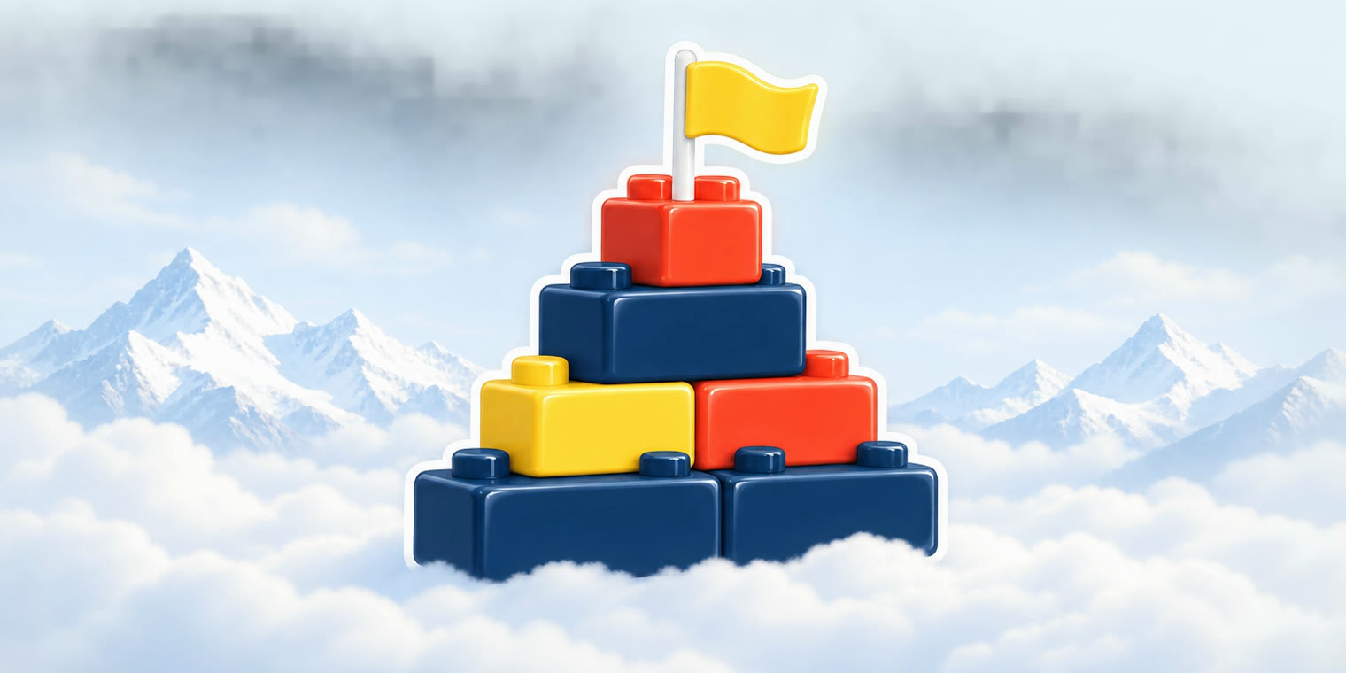 Illustration of a glossy navy building-block badge with a small flag, representing a company