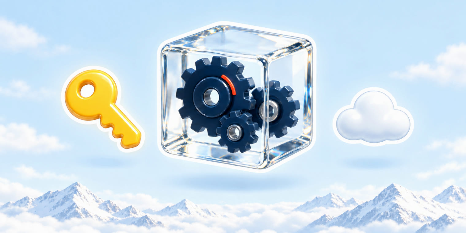 Illustration of a clear glass cube with gears inside beside a sun-yellow key and a small cloud