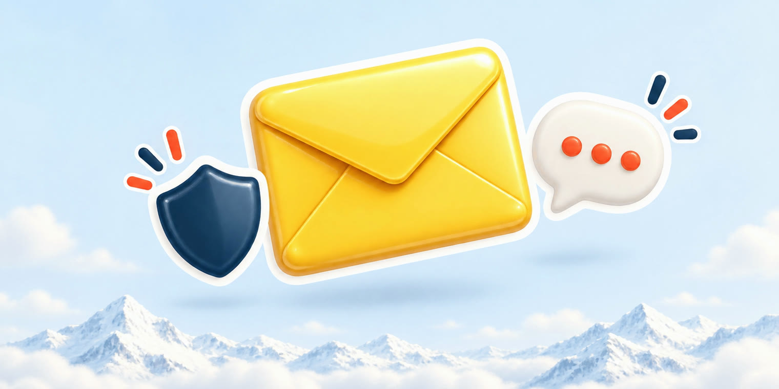 Illustration of a sun-yellow envelope sticker with a small shield and a speech bubble