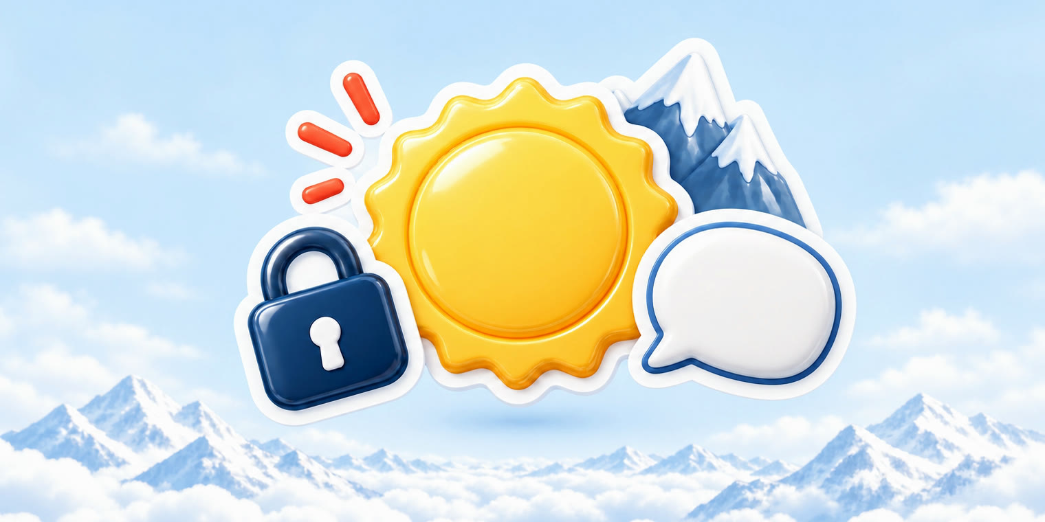 Illustration of a glossy sun-yellow badge sticker with a small padlock and a speech bubble, beside a snowy peak
