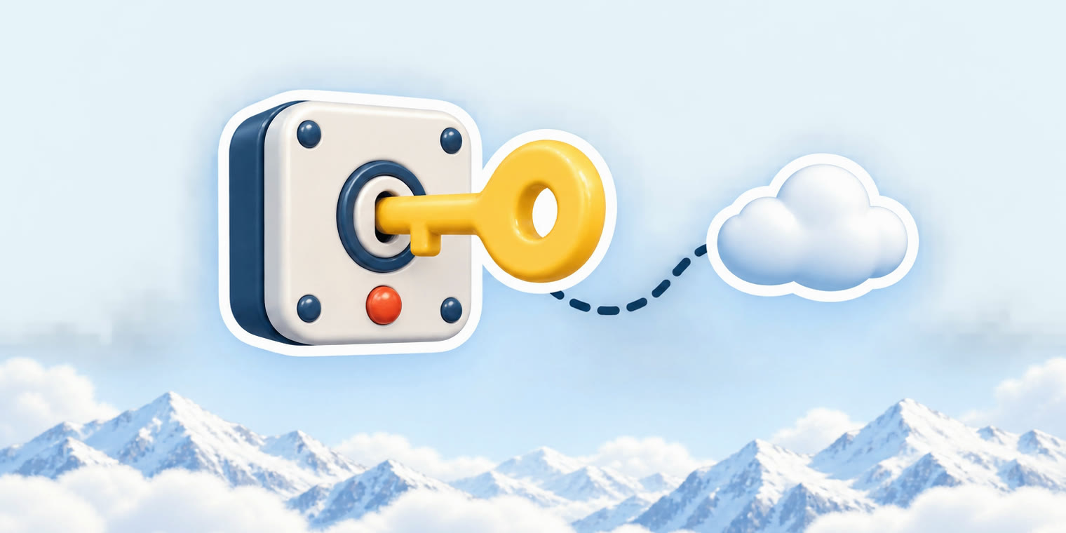 Illustration of a sun-yellow key sticker plugged into a small switch panel, with a dashed line running to a cloud sticker