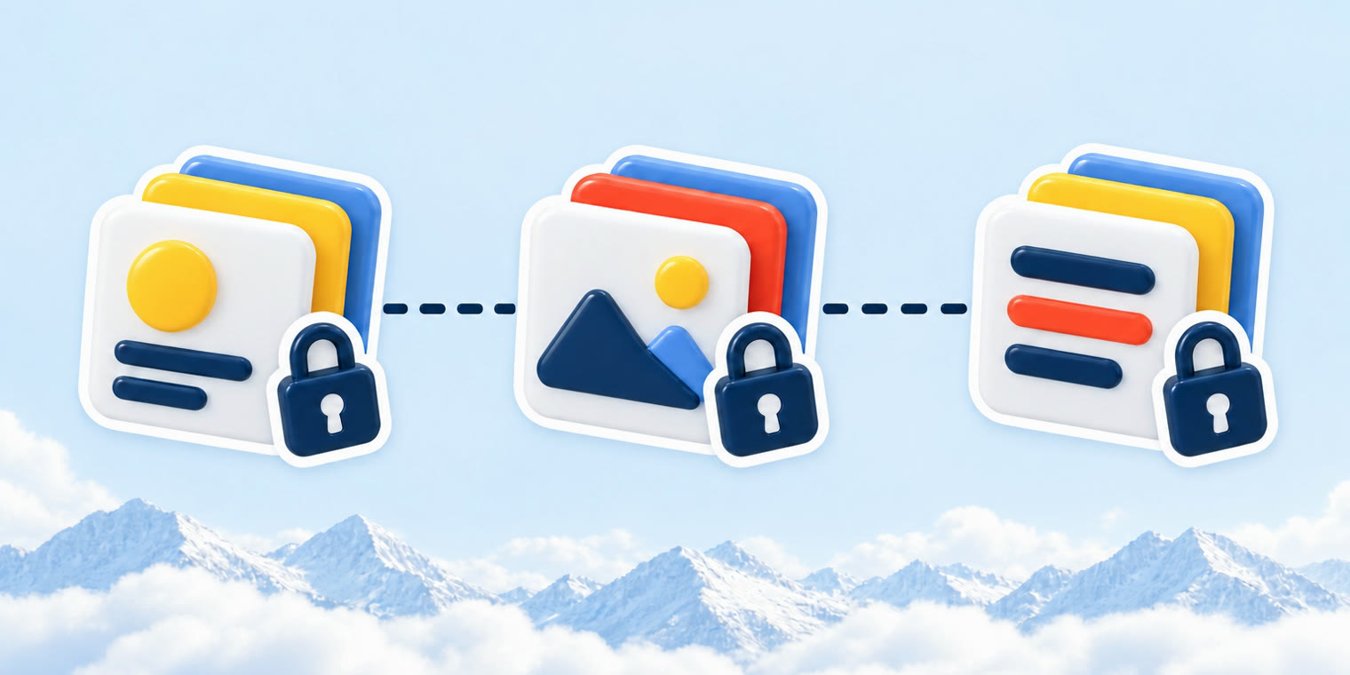 Illustration of three glossy stacked cards in a row, each with a small padlock sticker, joined by a dashed line