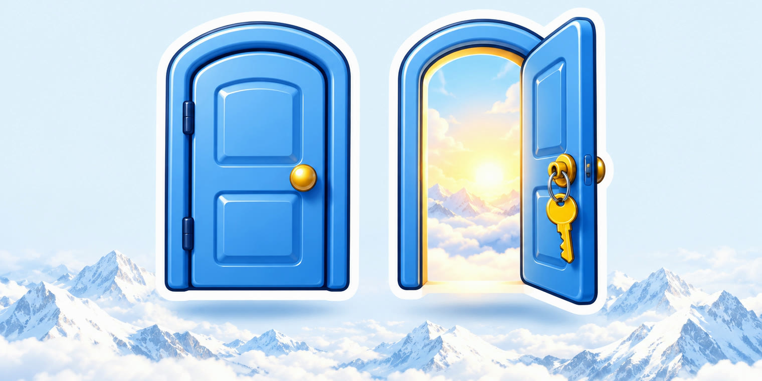 Illustration of two glossy sticker doors, one open with a key hanging in it and one closed, side by side