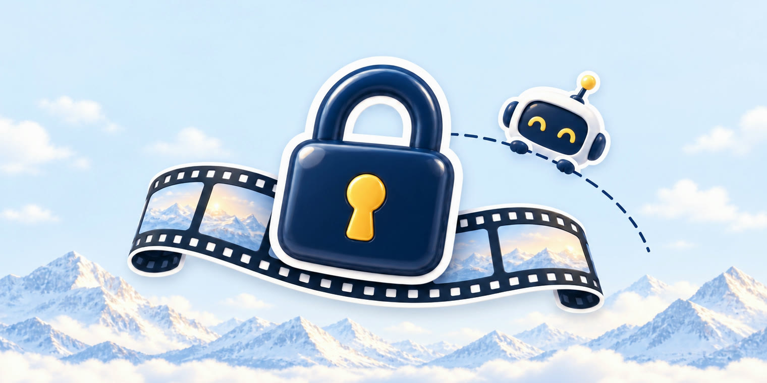 A glossy navy padlock sticker sitting on a film strip, with a small robot face sticker held at arm's length behind a dashed line