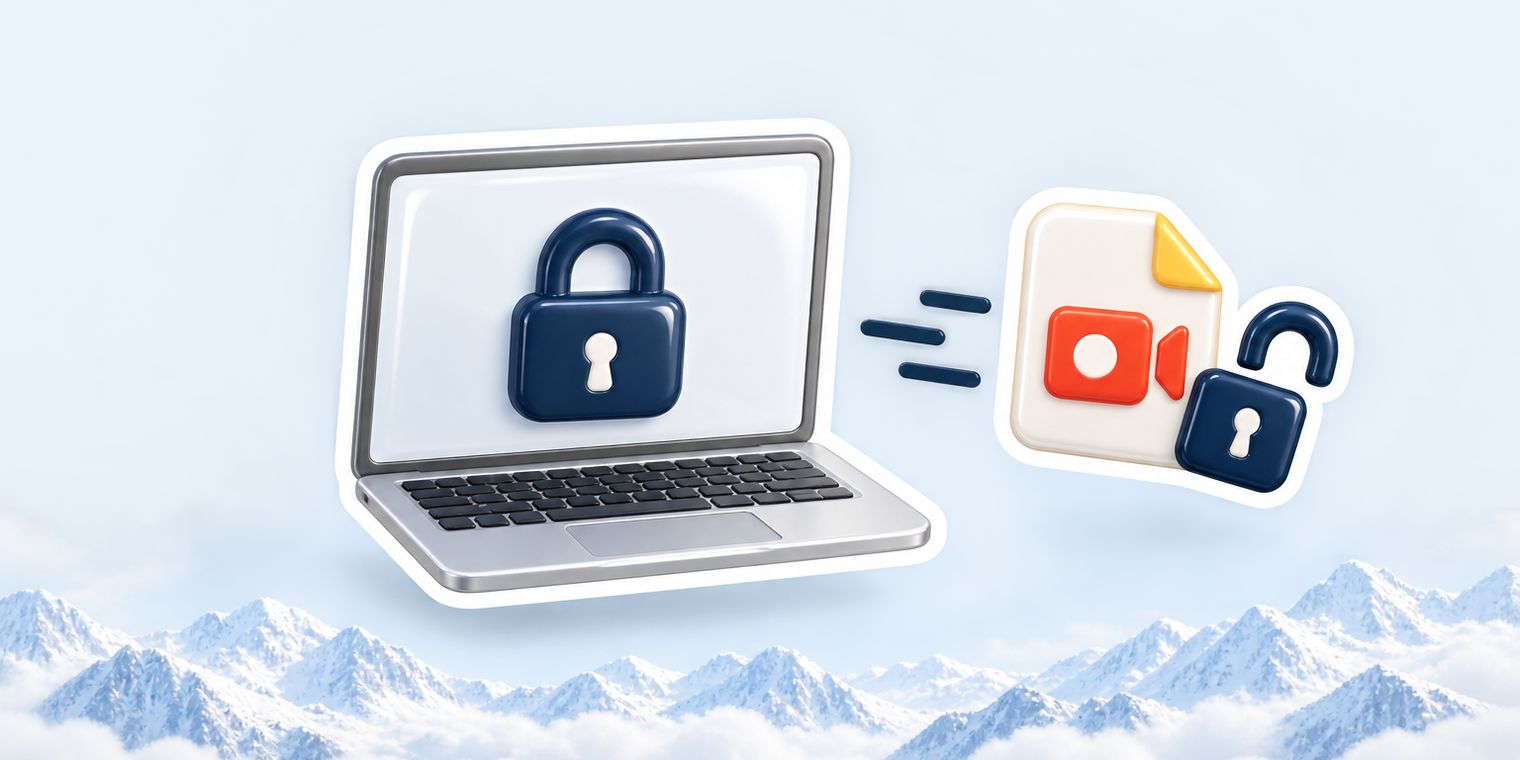 Illustration of a locked laptop with a video file sliding out of it, its padlock open