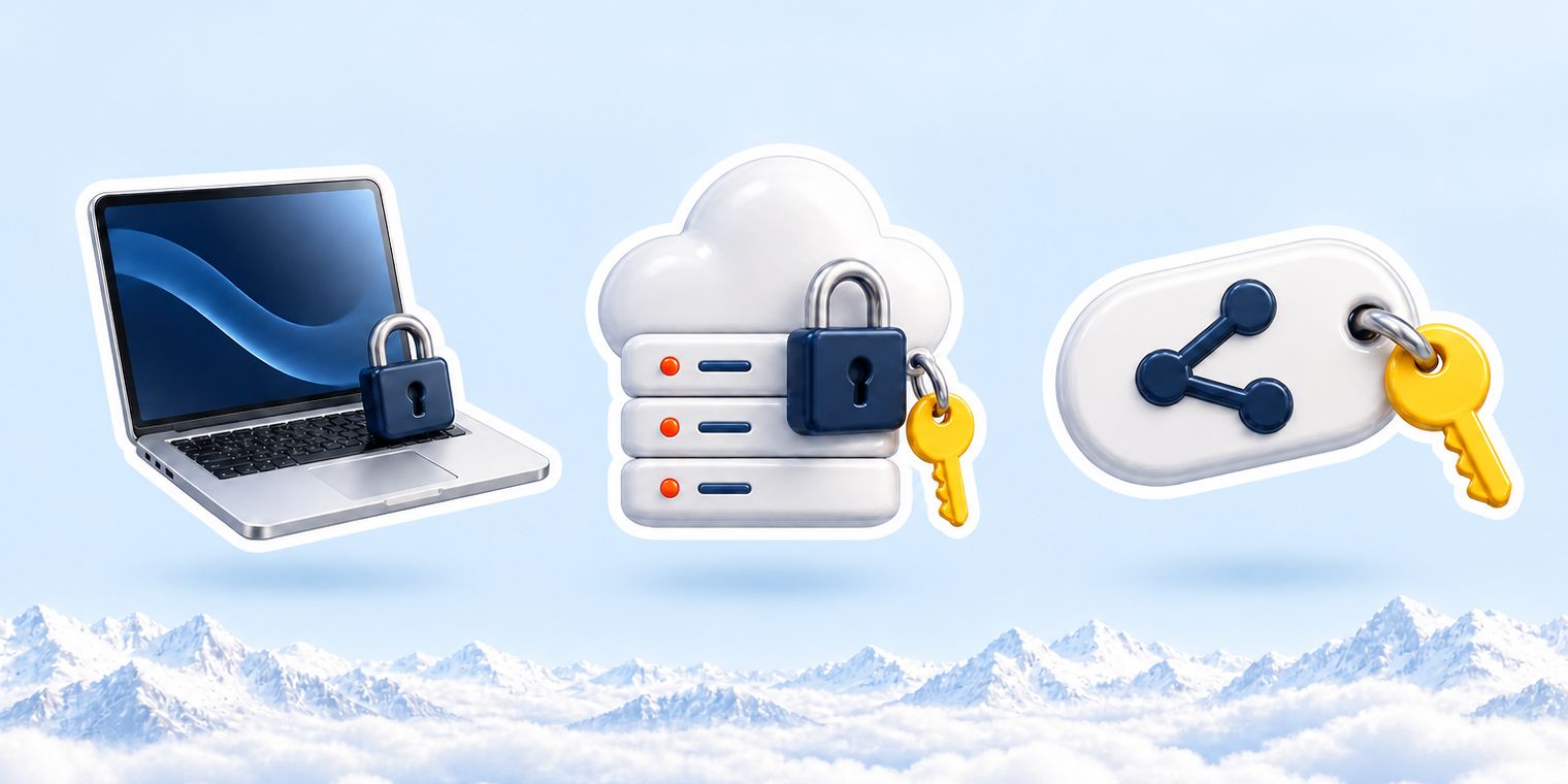 Illustration of three kinds of encryption: a laptop with a padlock, a cloud server holding its own key, and a share link with a key attached