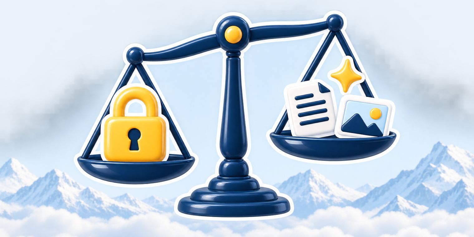 Illustration of a balance scale weighing a padlock against a transcript page, an AI sparkle and a link preview image