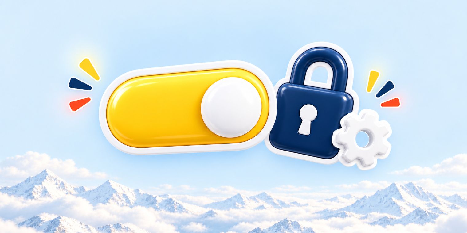 Illustration of a yellow toggle switched on next to a padlock and a settings gear