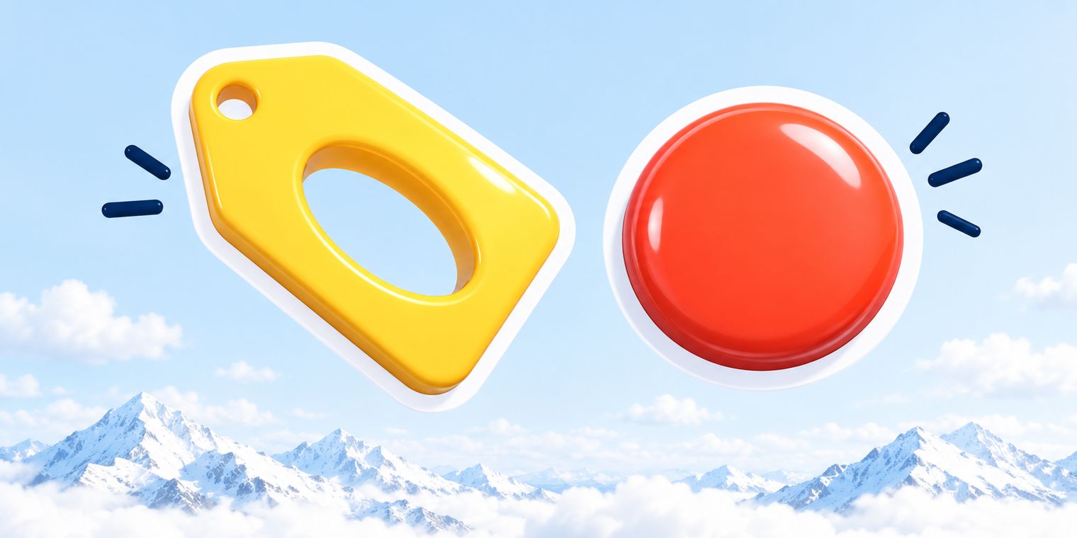 Illustration of a glossy price tag sticker reading zero beside a record button sticker