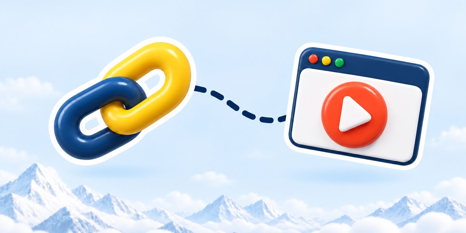 Illustration of a glossy link sticker joined to a play button by a dashed line