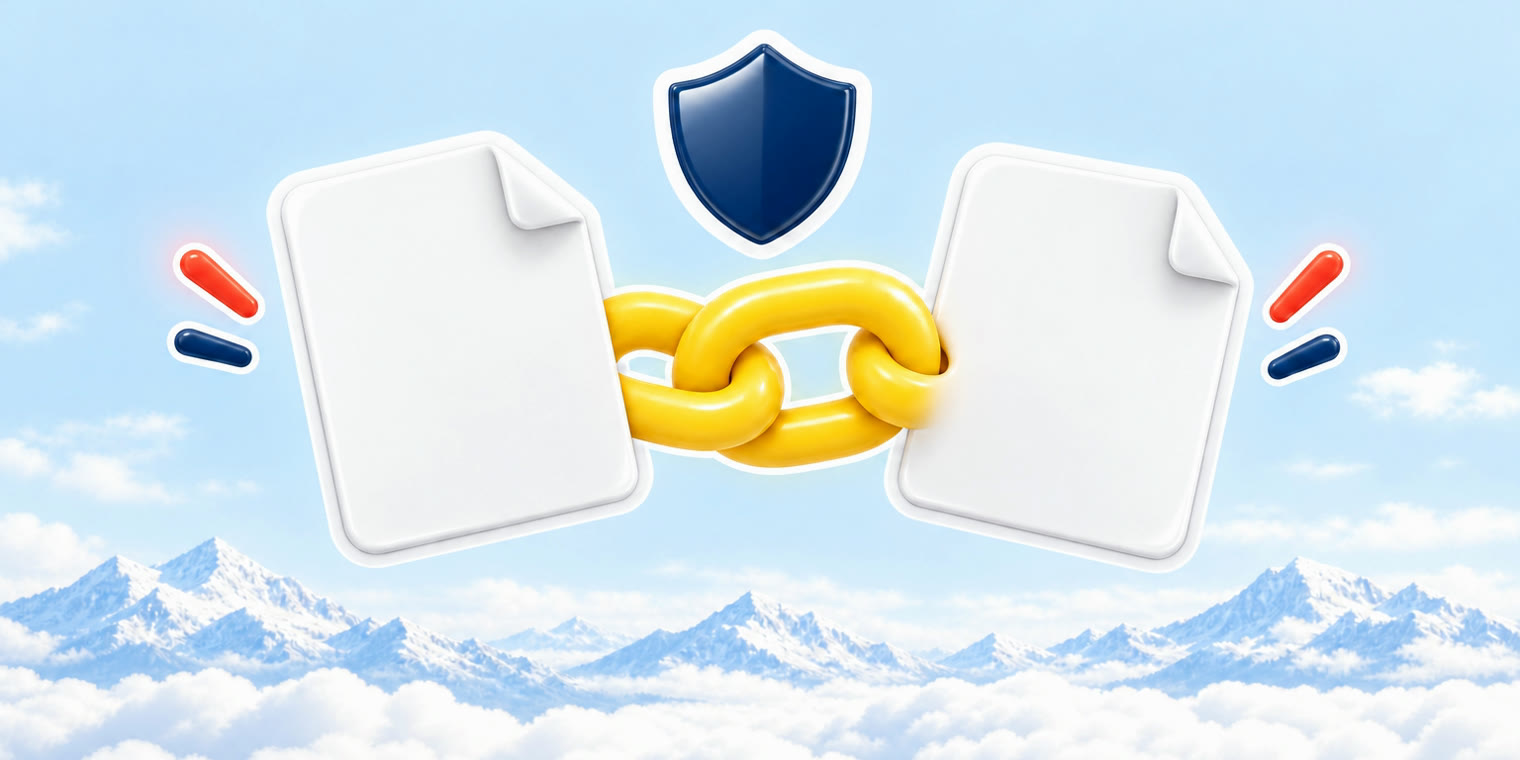 Illustration of two glossy paper sheets joined by a chain link, with a navy shield above them
