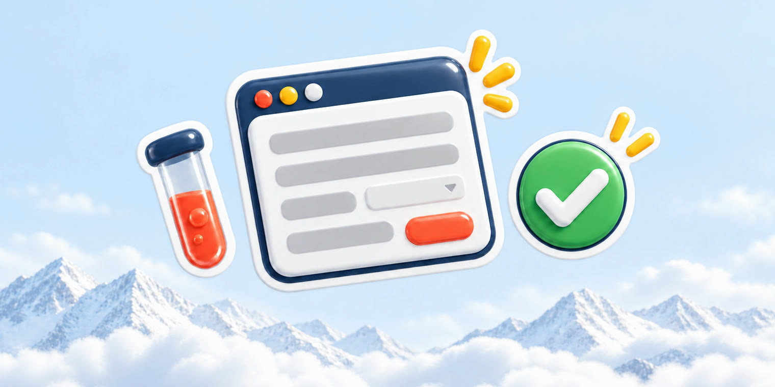 Illustration of a browser window with a form made of grey bars, a green tick and a test tube beside it