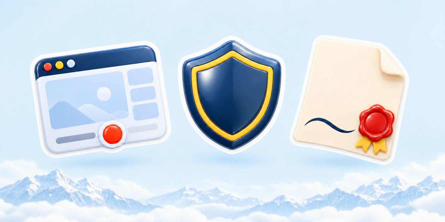 A screen recording window sticker beside a navy shield and a signed paper with a red seal, floating over a calm blue sky