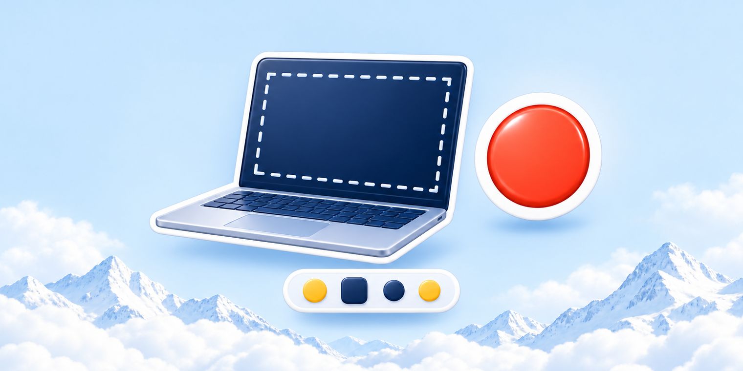 Illustration of a glossy Mac screen with a floating capture toolbar and a dashed selection rectangle