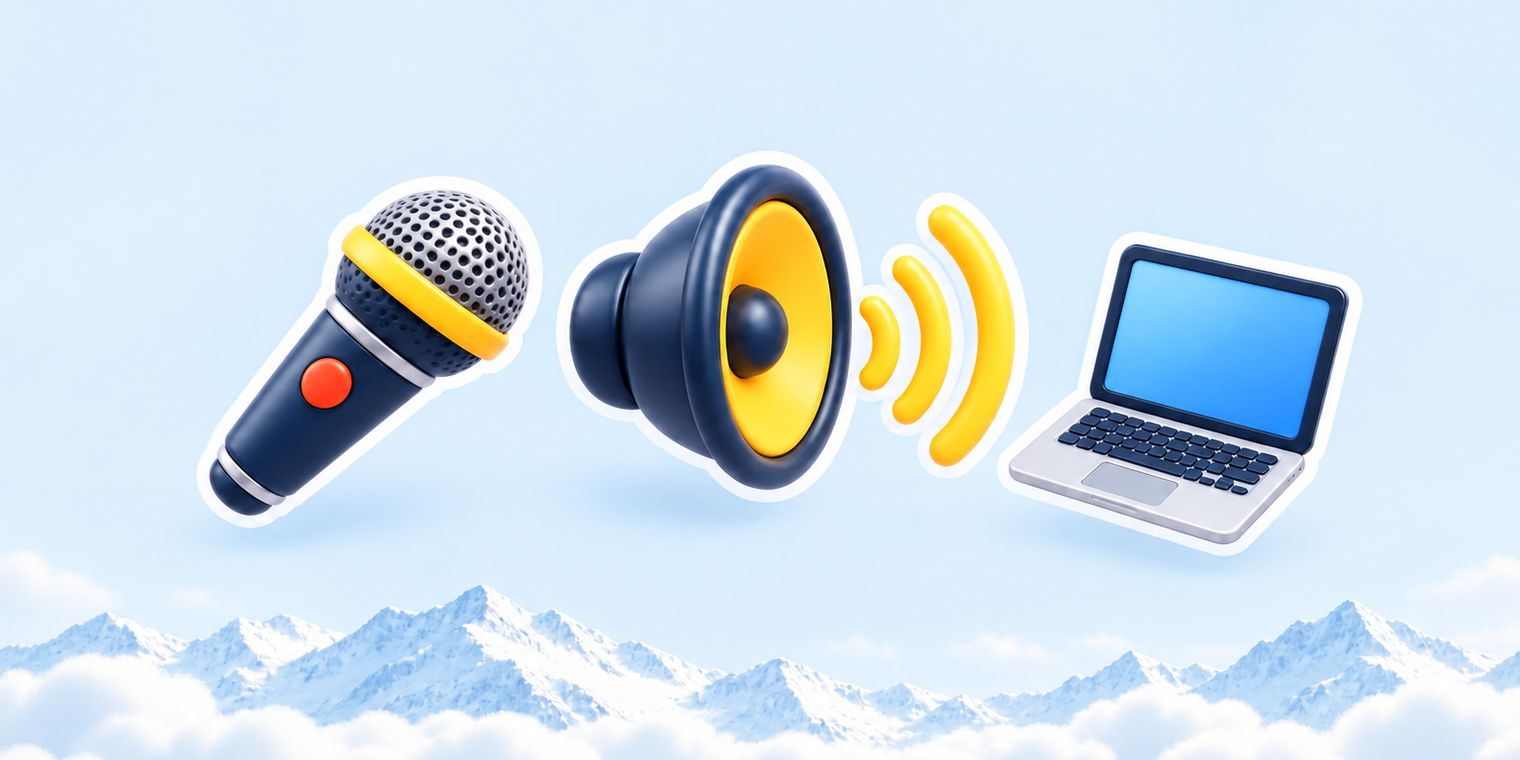 Illustration of a glossy microphone and a speaker connected to a Mac screen, ready to record sound