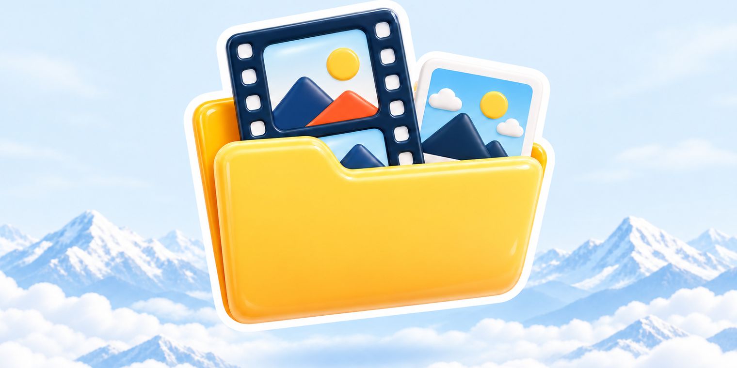 Illustration of a desktop folder holding a video file, with a thumbnail landing beside it