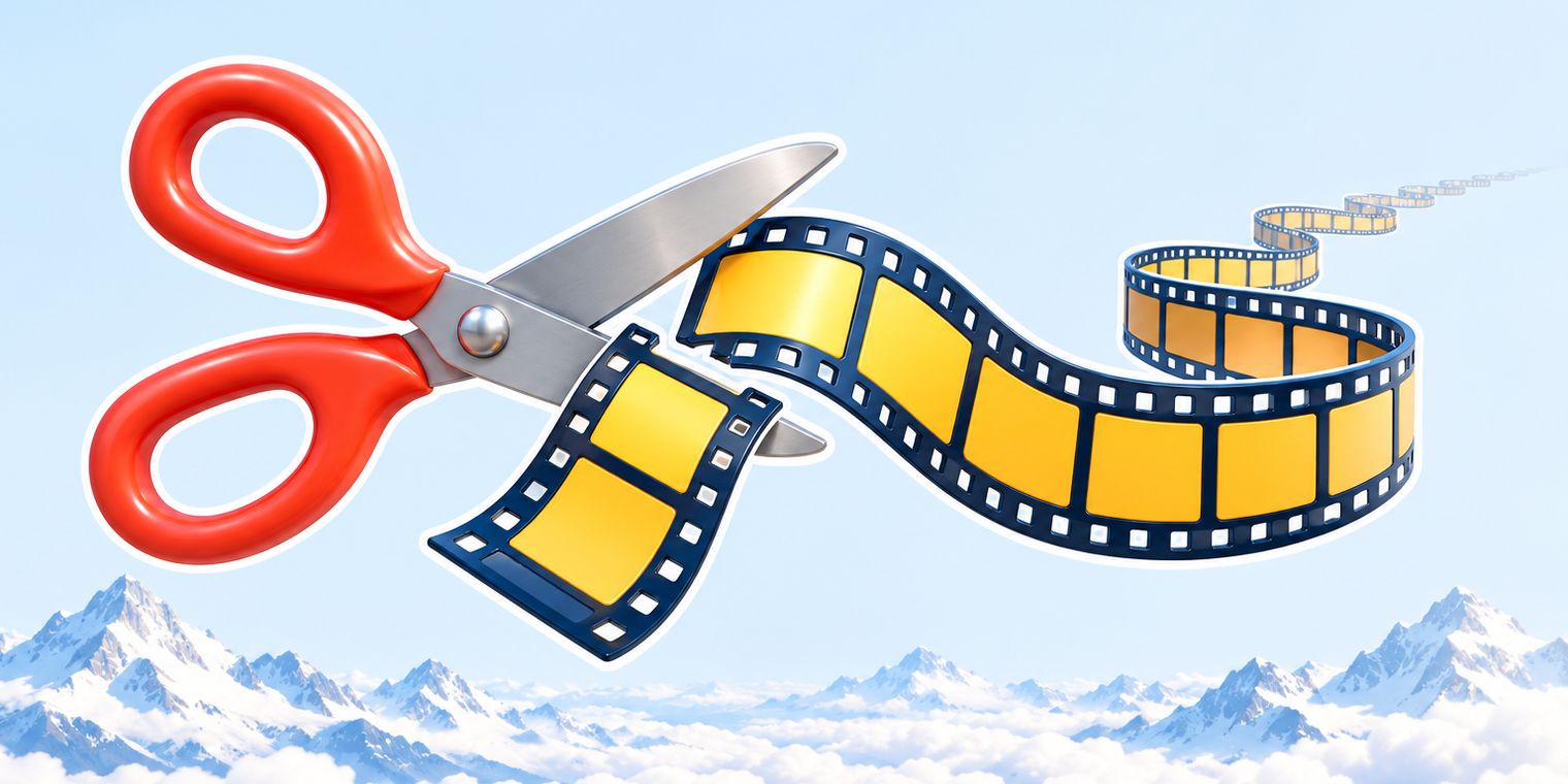 Illustration of a short film strip cut off by a scissors-shaped clock, beside a long film strip that keeps unrolling
