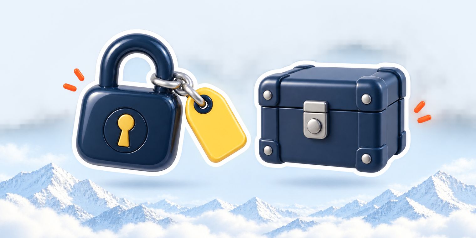 Illustration of a padlocked video card with a key tag attached to its link, and a plain locked box labelled only by a shield