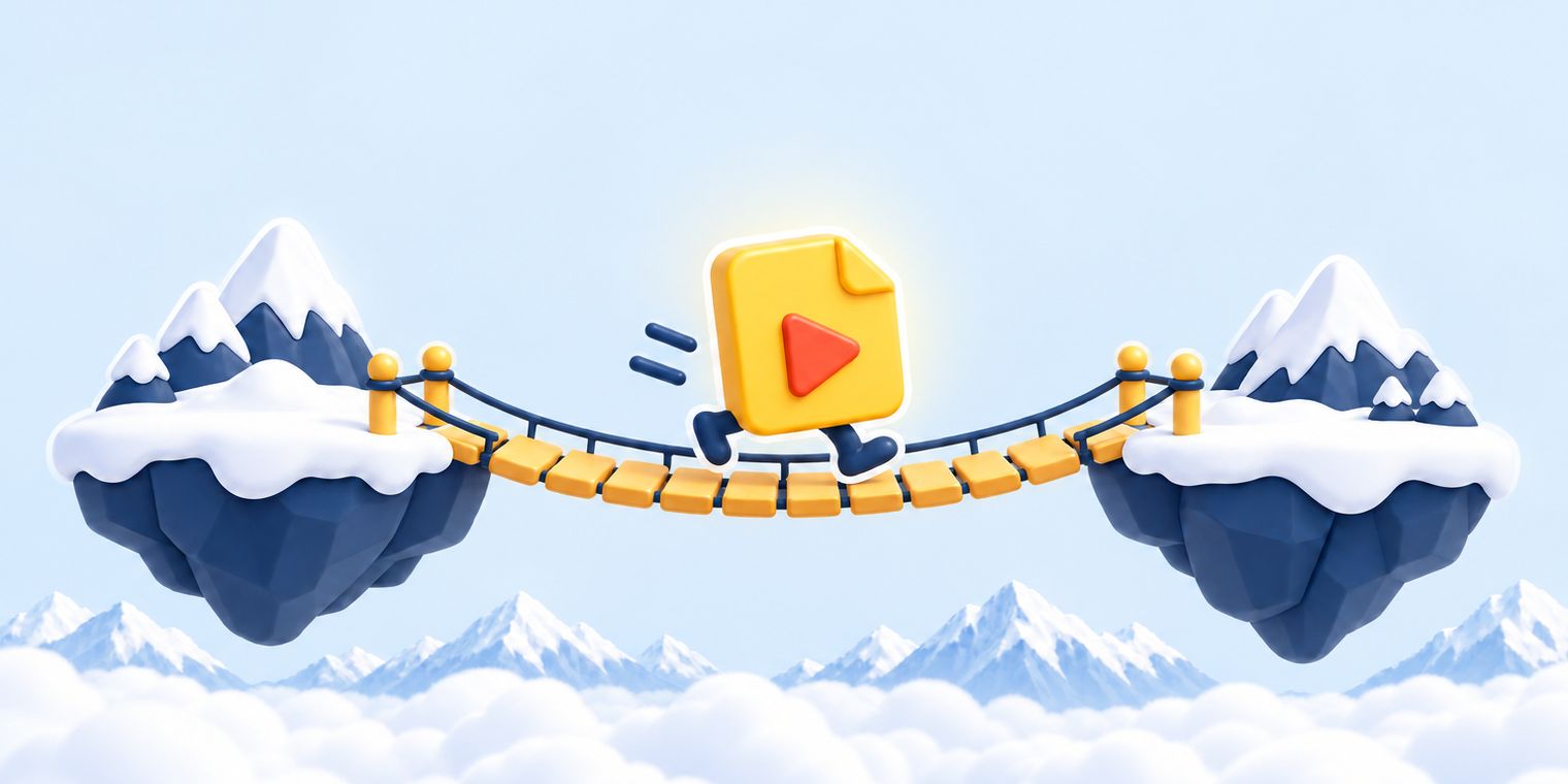 Illustration of a video file box being carried from one shelf to another across a small bridge