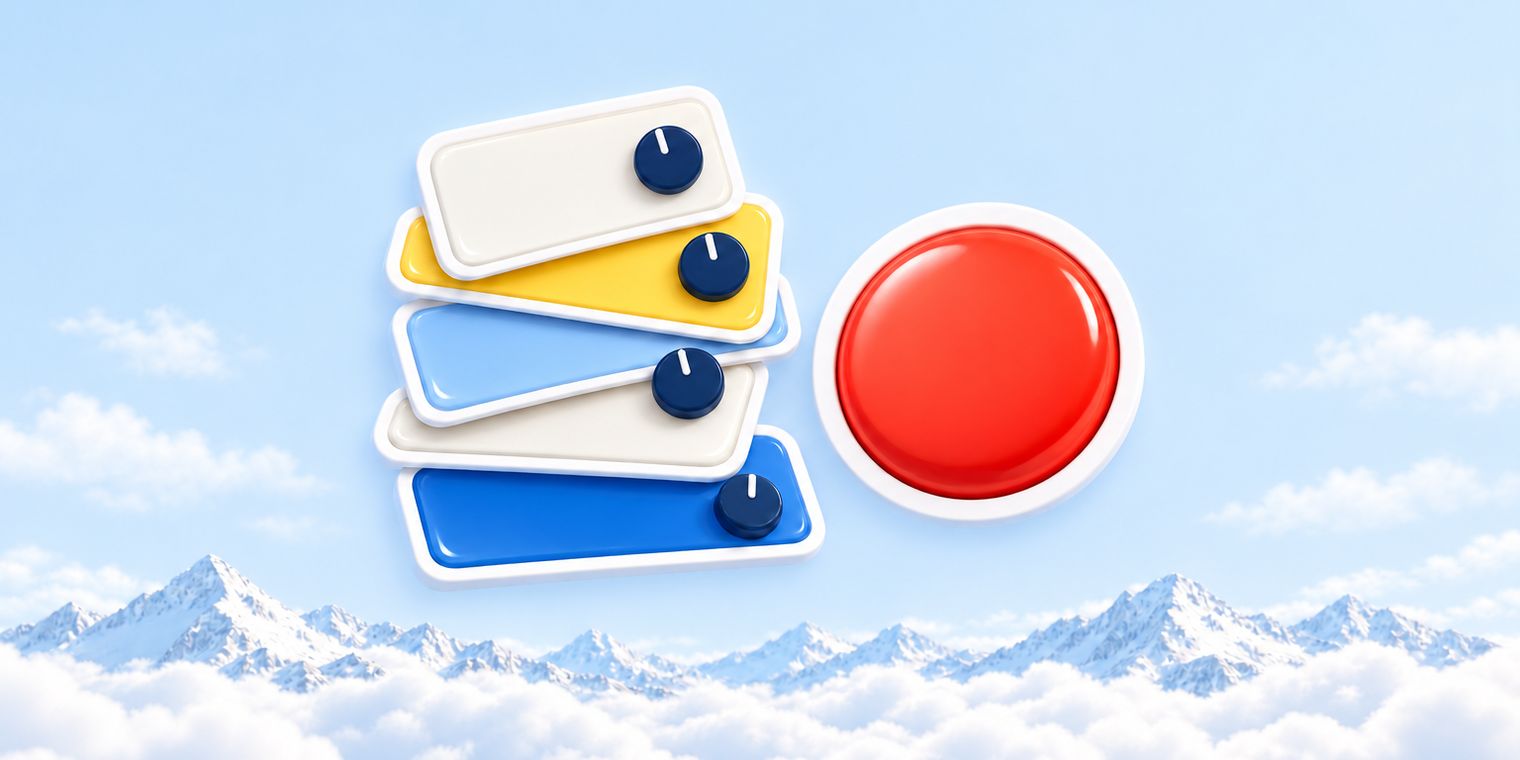 Illustration of a crowded stack of source cards and dials beside a single simple record button