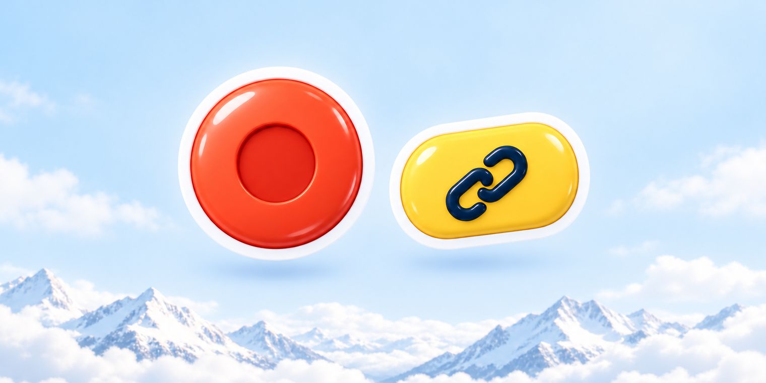 Illustration of a big red record button sticker beside a share link chip