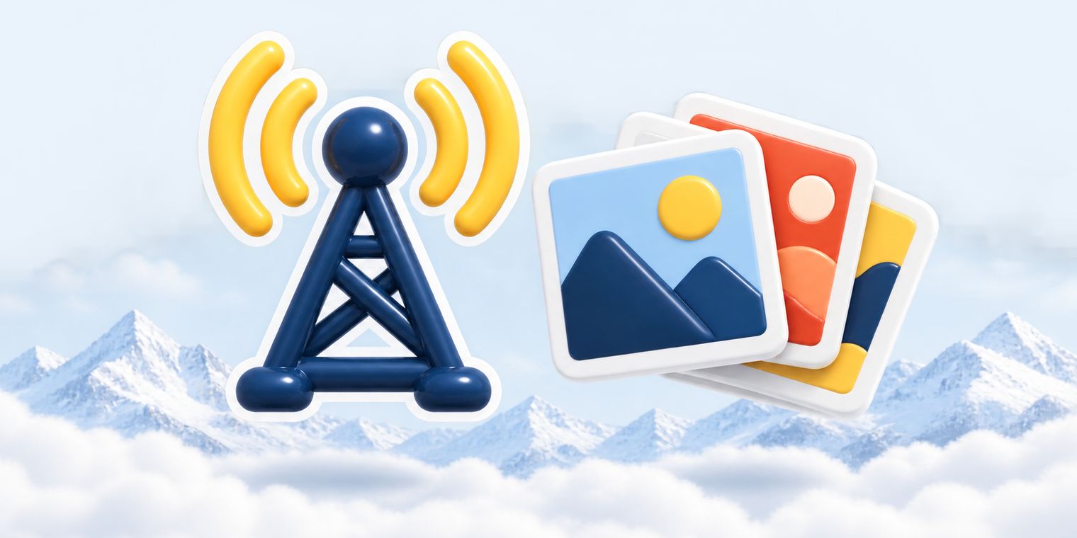 Illustration of a broadcast antenna sticker beside a stack of layered scene cards