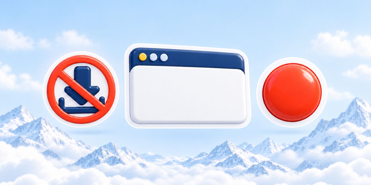 Illustration of a browser window sticker with a crossed-out download arrow beside a big red record button