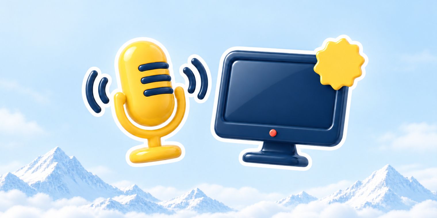Illustration of a microphone sticker with sound waves beside a monitor sticker with a small quality badge
