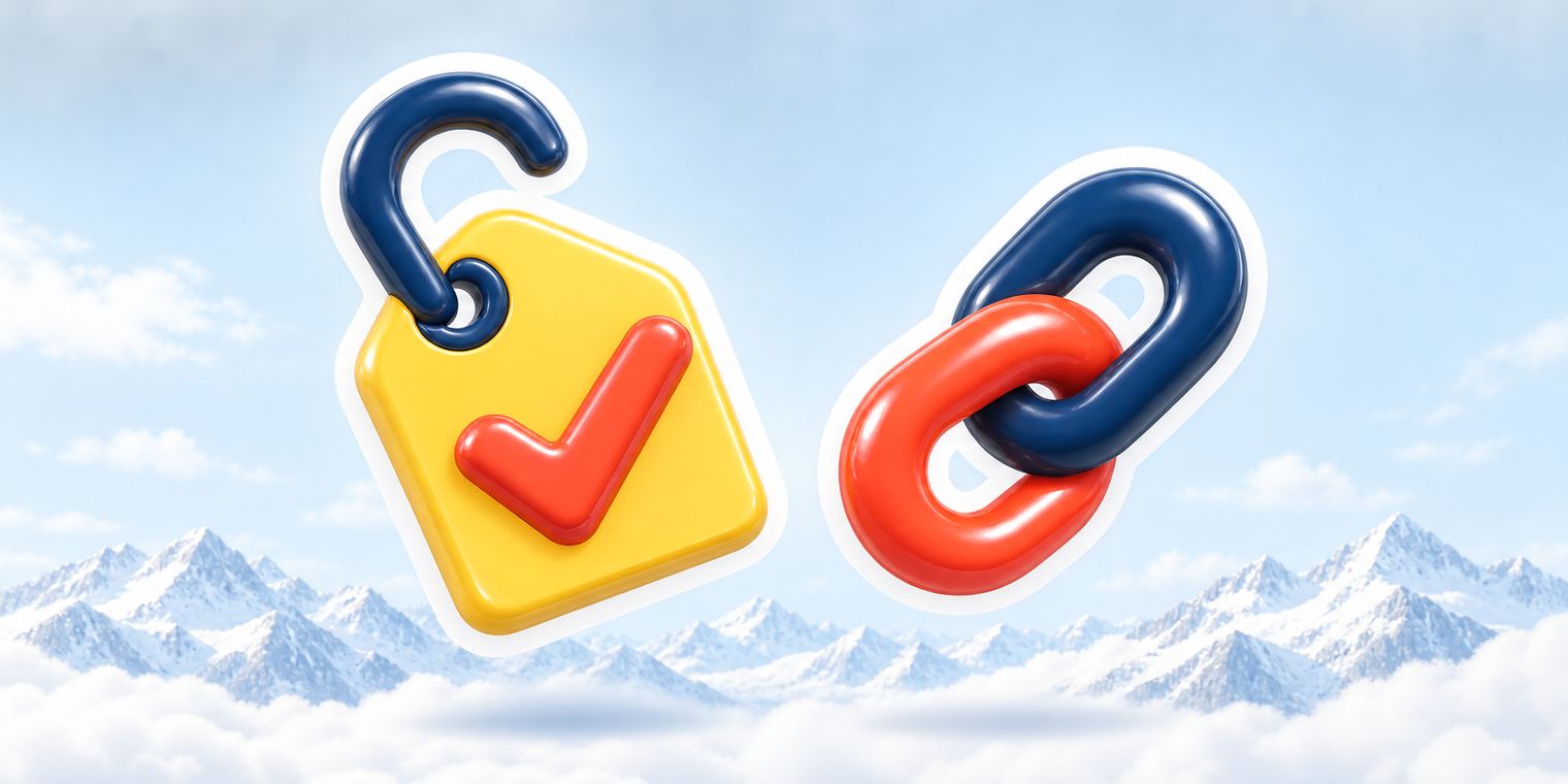 Illustration of a glossy open price tag sticker with a check mark next to a link chain sticker