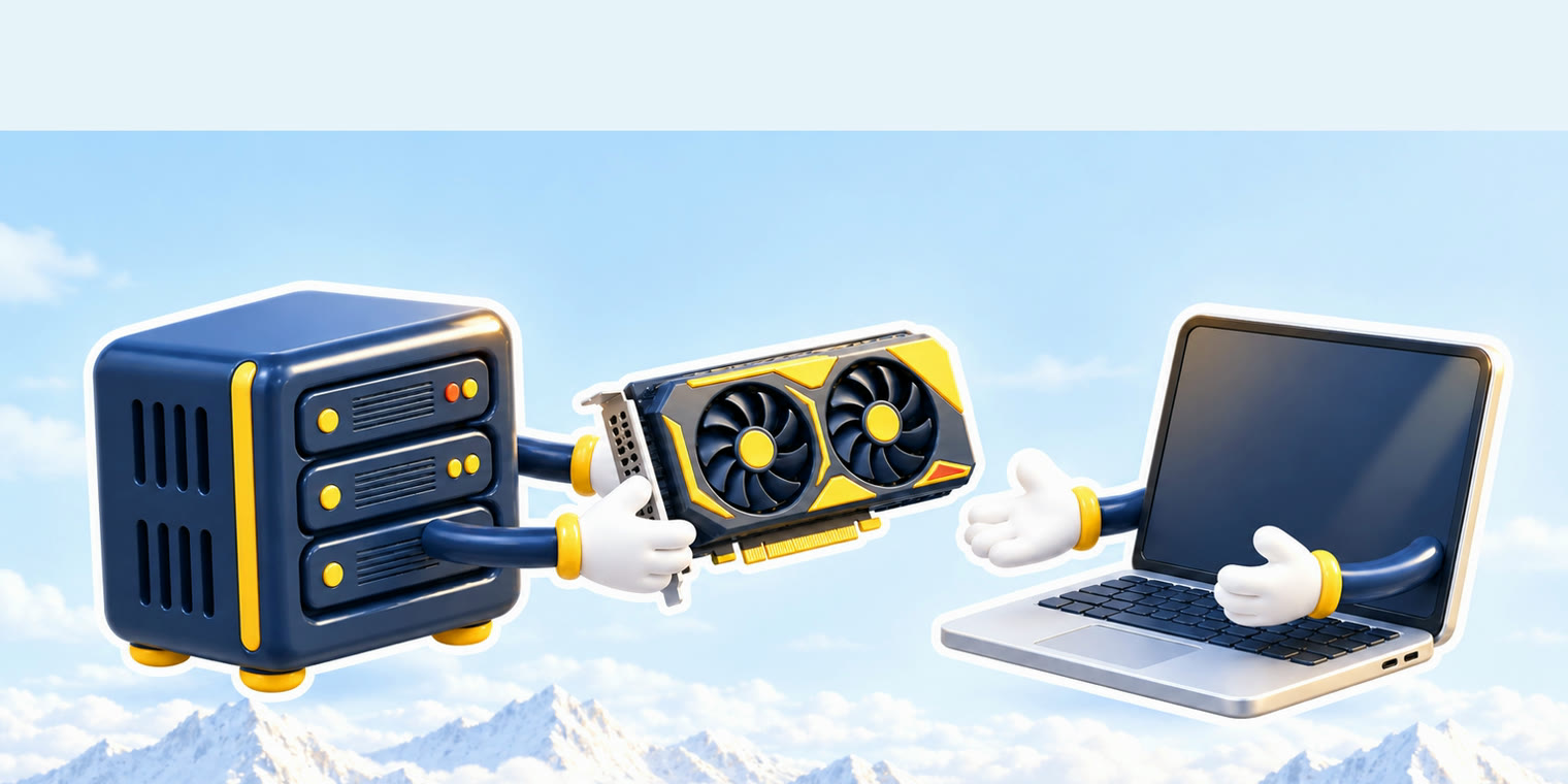 Illustration of a small server box handing a video card to a laptop