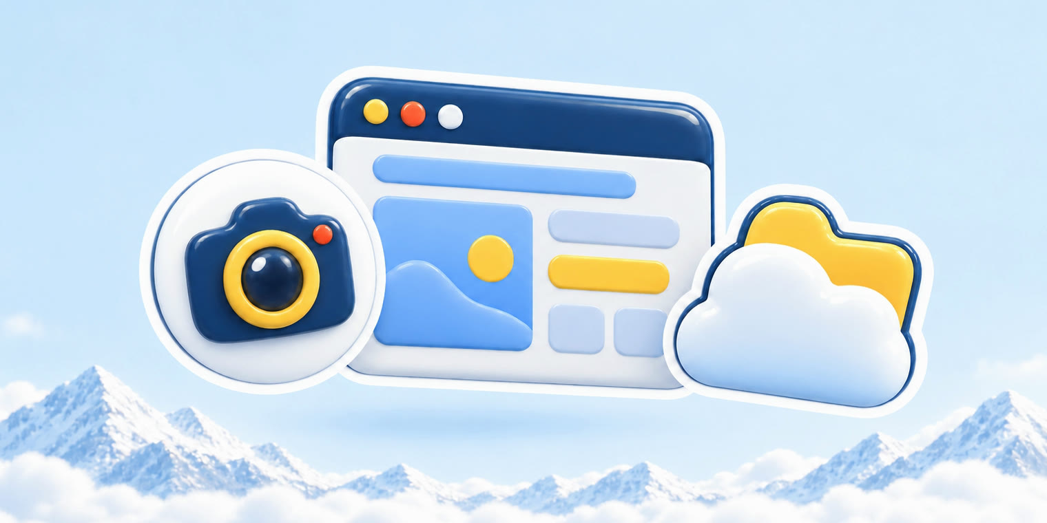 Illustration of a browser window with a camera bubble beside a cloud-shaped folder