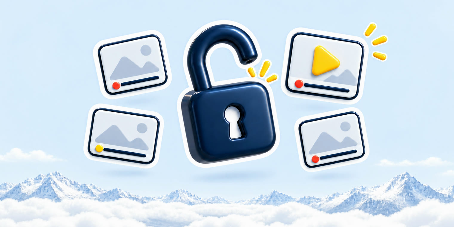 Illustration of an open padlock beside four video cards