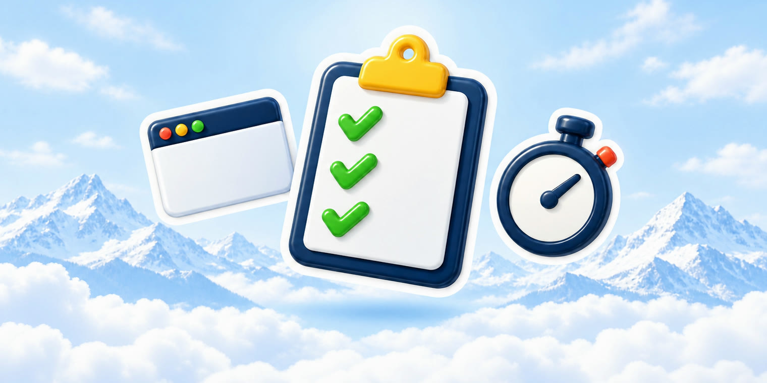 Illustration of a clipboard checklist sticker with ticks beside a small browser window and a stopwatch