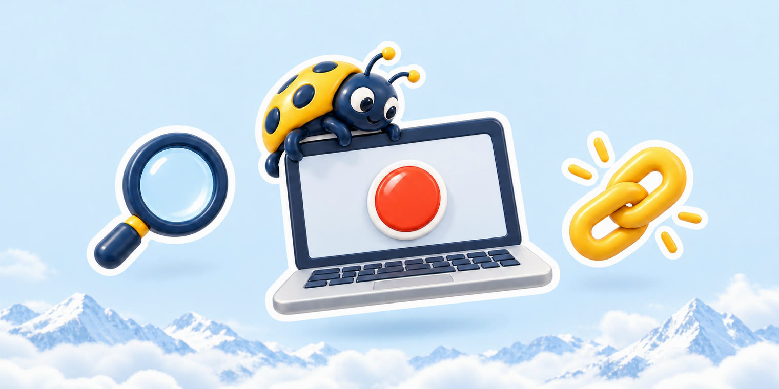 A glossy bug sticker on a laptop screen with a red record button, a magnifying glass and a share link floating over a field of clouds