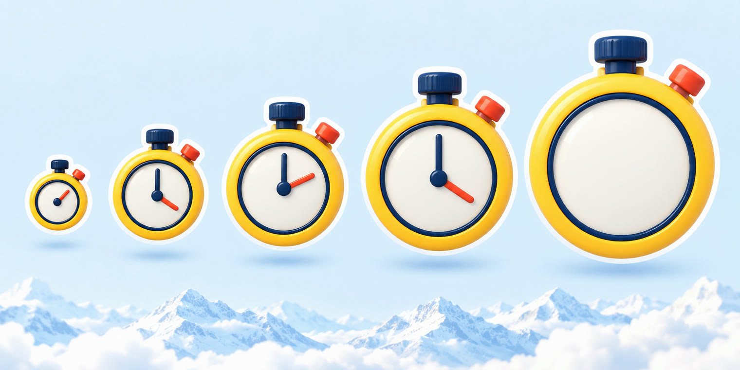 Illustration of five stopwatches of different sizes lined up from short to long