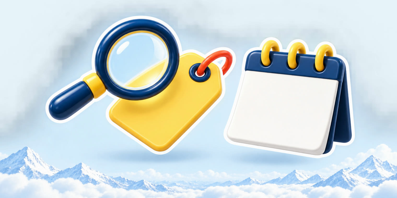 Illustration of a magnifying glass over a price tag with a calendar page beside it