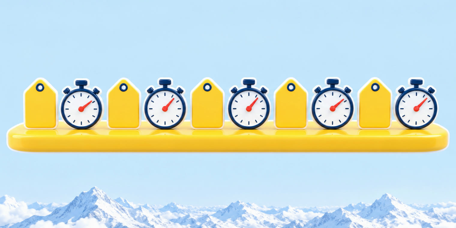 Illustration of ten price tags and stopwatches lined up on a shelf