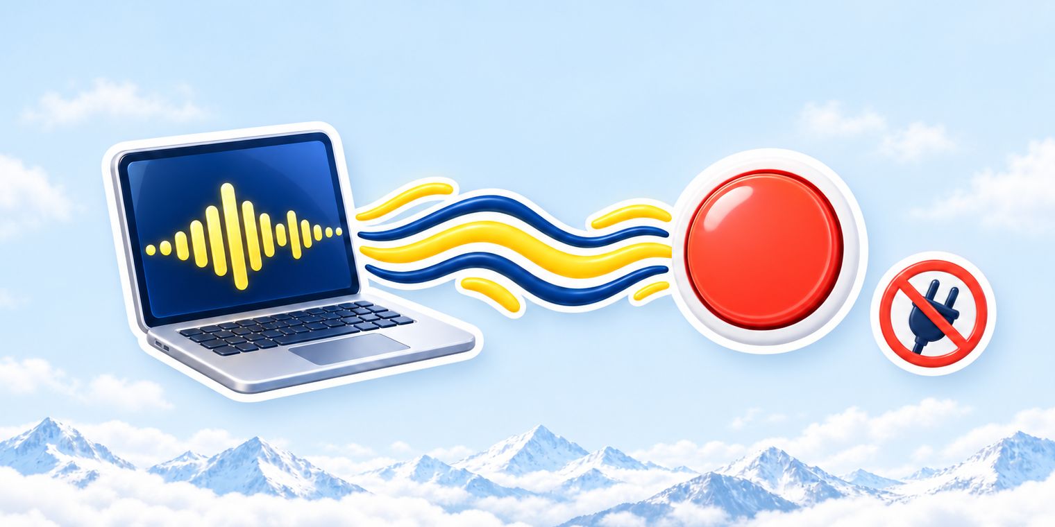 Illustration of a laptop with sound waves flowing straight into a record button, with no cable or adapter between them