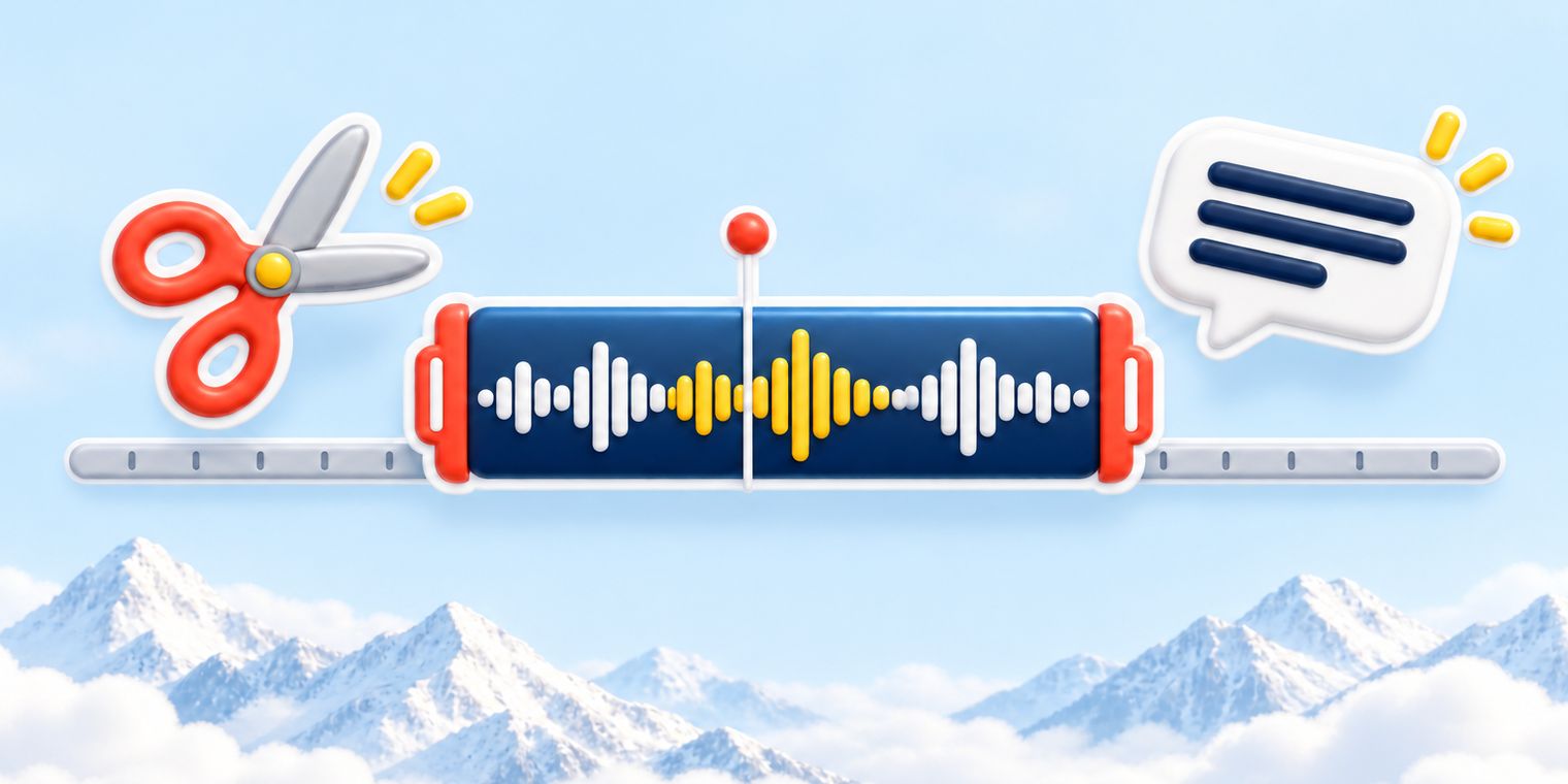 Illustration of an audio waveform on an editing timeline with scissors and a captions bubble beside it