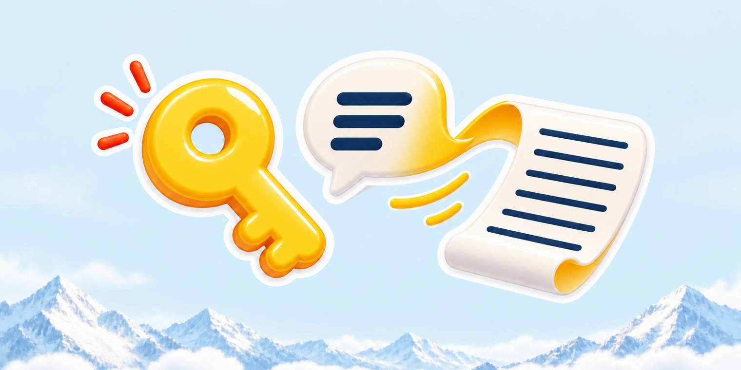 Illustration of a glossy key sticker beside a speech bubble that unrolls into a transcript page