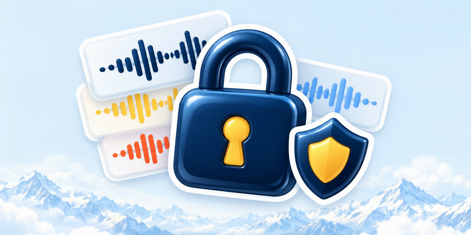 Illustration of a glossy padlock sticker over a stack of sound-wave cards with a shield beside it