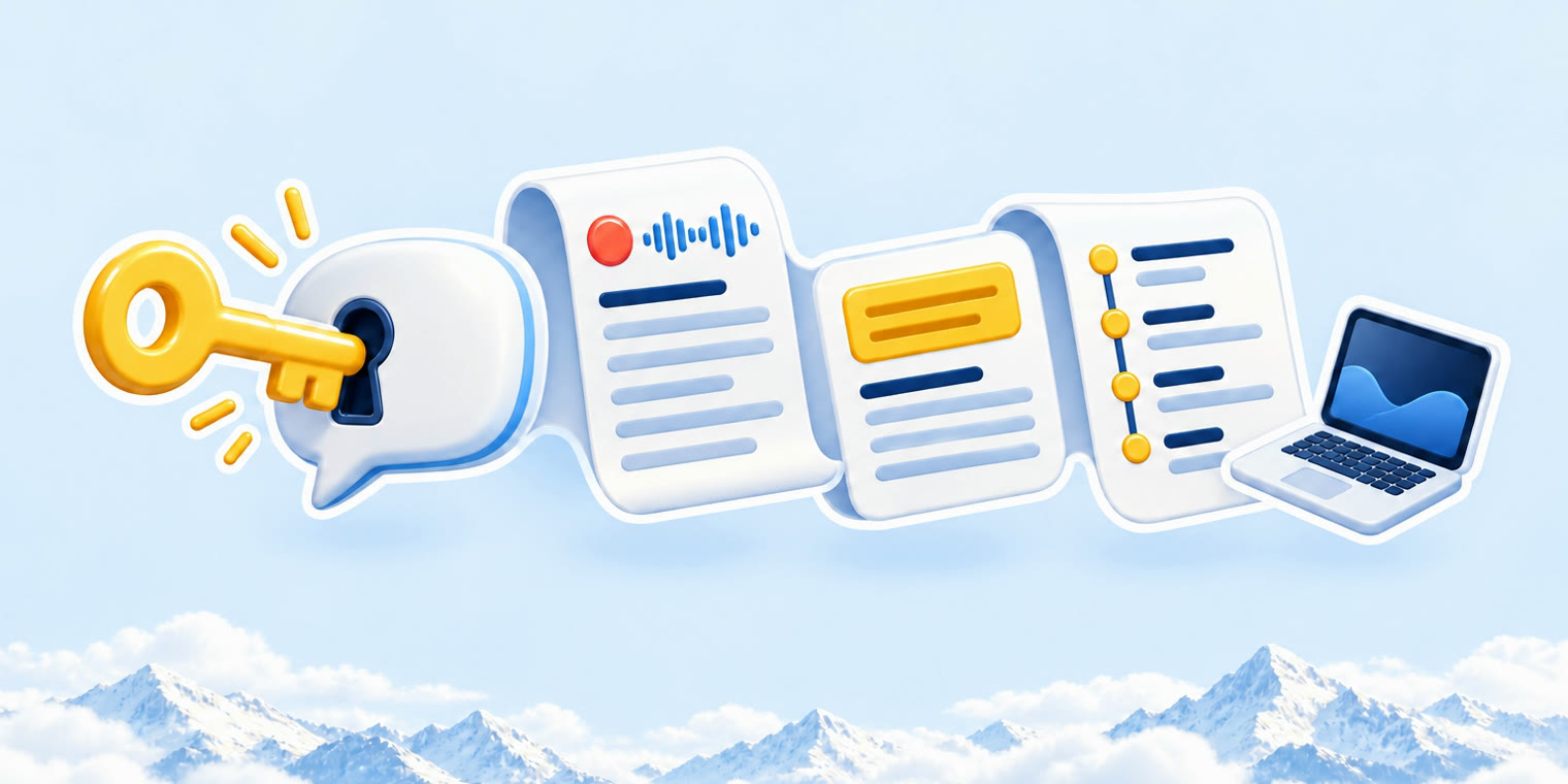 A glossy sticker of a key unlocking a speech bubble that unrolls into a transcript page, a summary card and a chapter list over snowy peaks