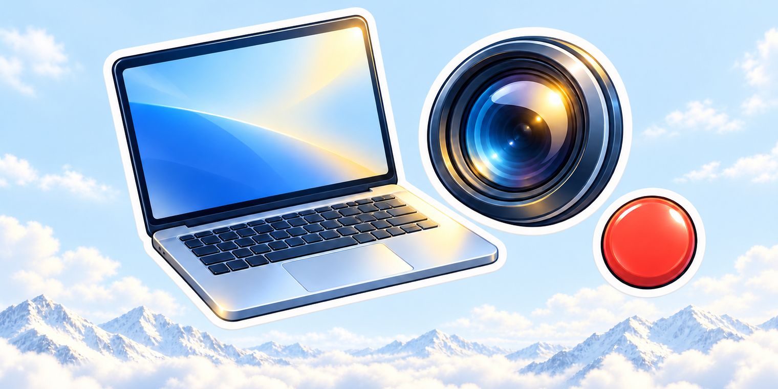 Illustration of a laptop with a glossy round camera sticker beside it and a record button