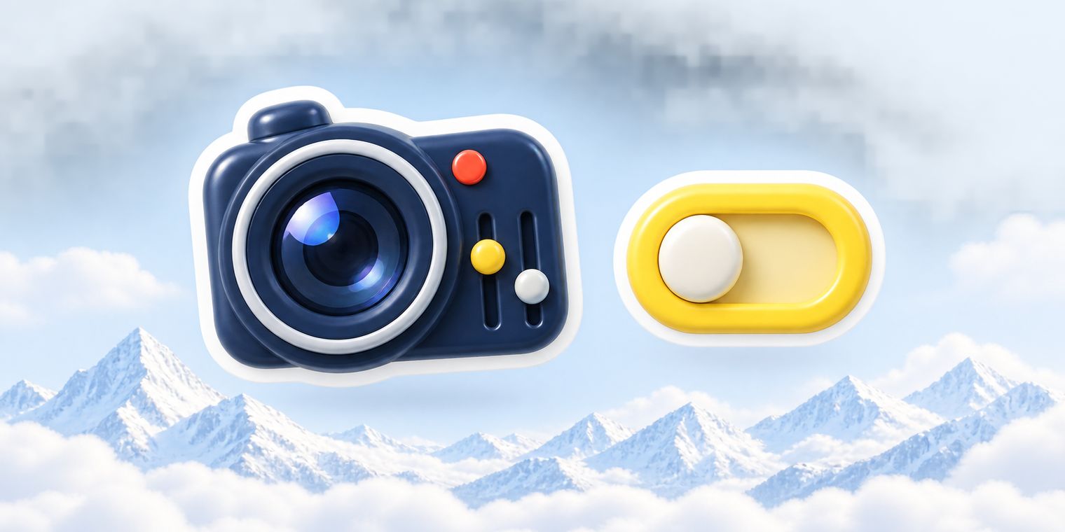 Illustration of sliders and a round camera sticker being resized, with a tiny eye-off switch