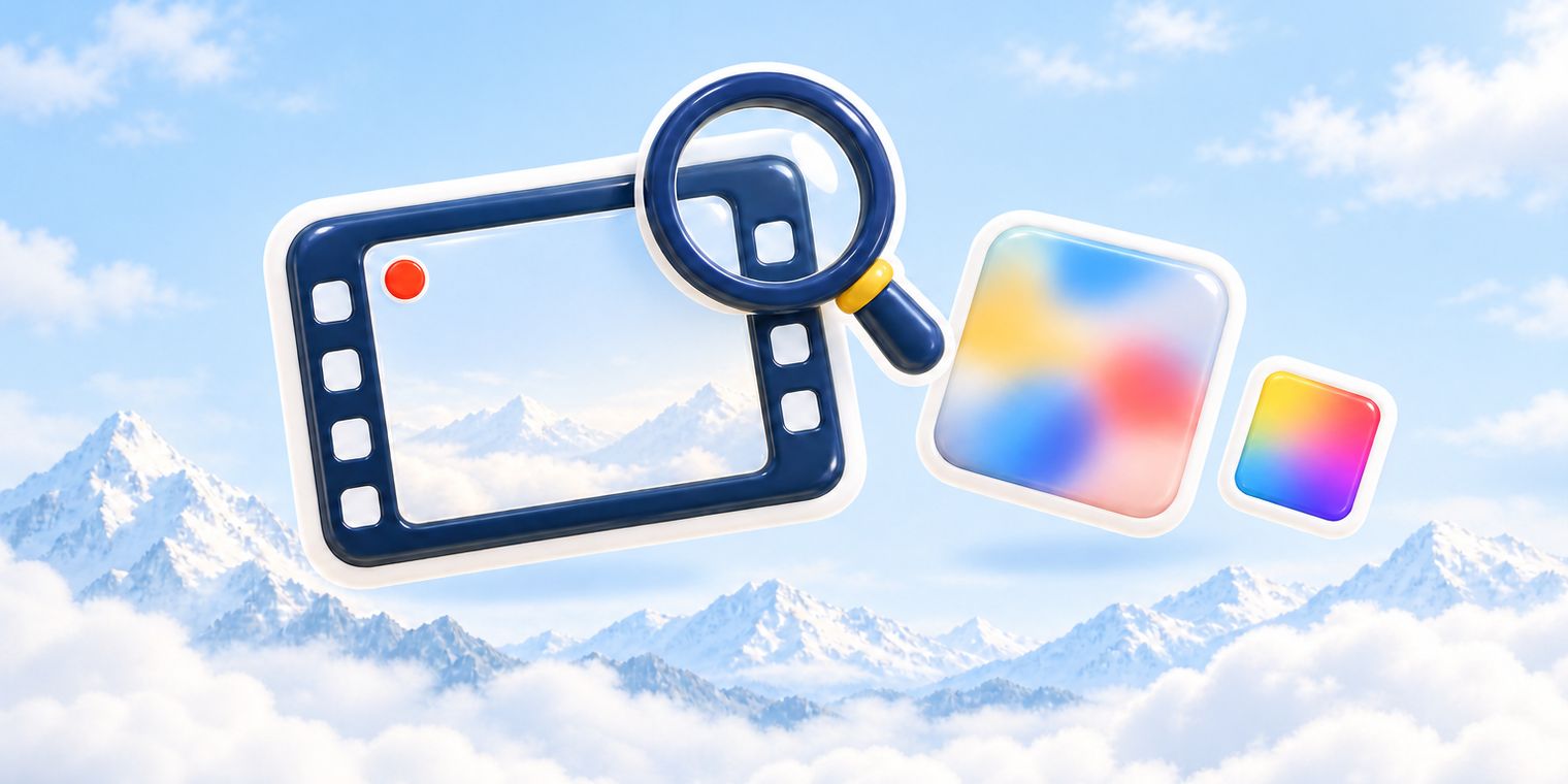 Illustration of a video frame with a magnifier zooming in, beside a blur square and a gradient background swatch