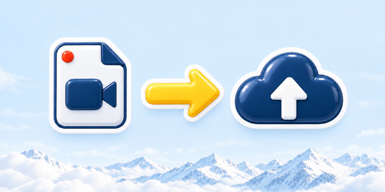 Illustration of a video file with a sun-yellow arrow pointing to a navy cloud with an upload arrow