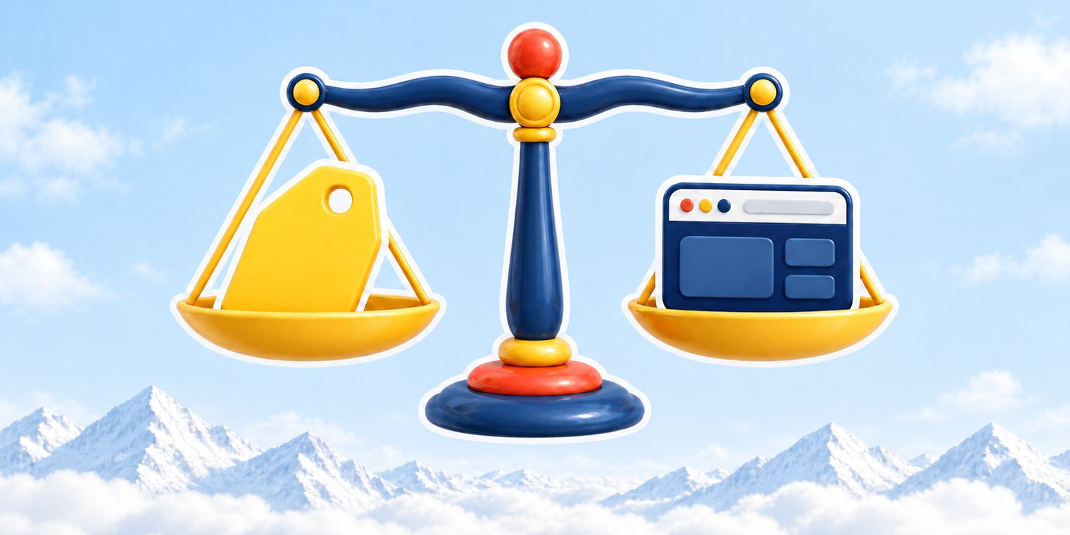 Illustration of two glossy sticker scales balancing a sun-yellow price tag and a navy window icon
