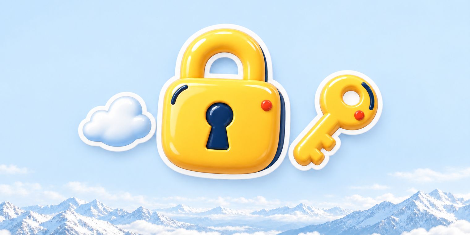 Illustration of a sun-yellow padlock sticker beside a glossy key sticker and a small cloud sticker