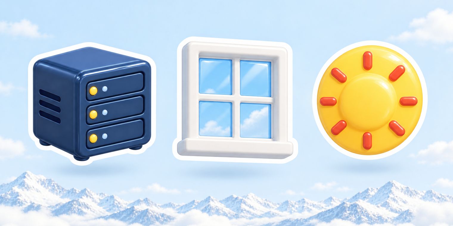 Illustration of a navy server box sticker beside a glossy window sticker and a sun-yellow badge sticker