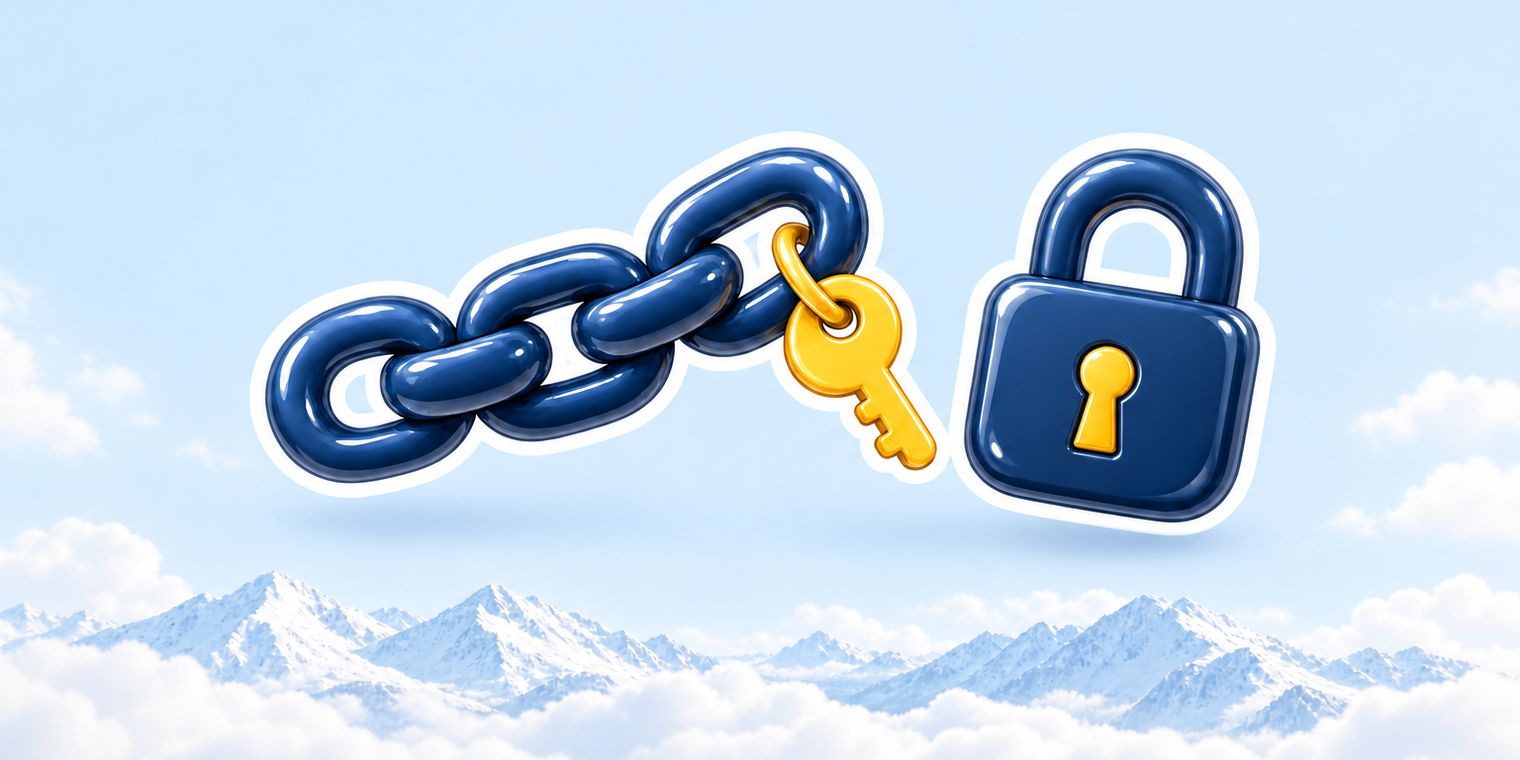 Illustration of a share link as a glossy chain with a small sun-yellow key attached to its end, beside a navy padlock